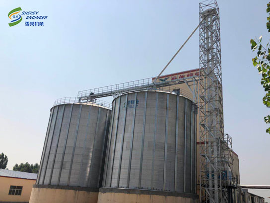 雪萊鋼板倉(cāng)廠家回訪東平飼料廠水泥錐底鋼板倉(cāng)